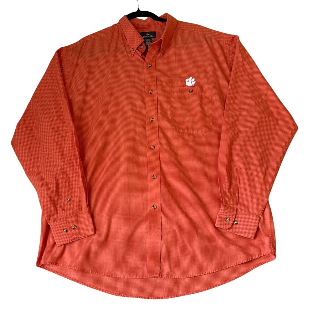 Antigua Button Down Shirt Men Orange Clemson Tigers Gameday Micro Check SIZE XL